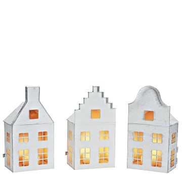 Windlicht Huisjes Metaal Wit - Set van 3